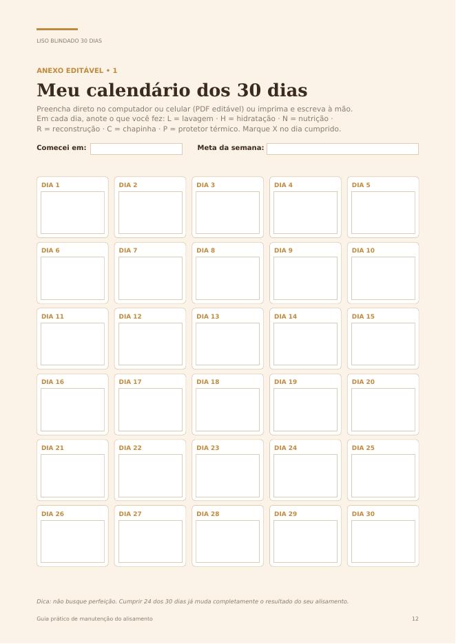 Página do e-book: Calendário editável dos 30 dias