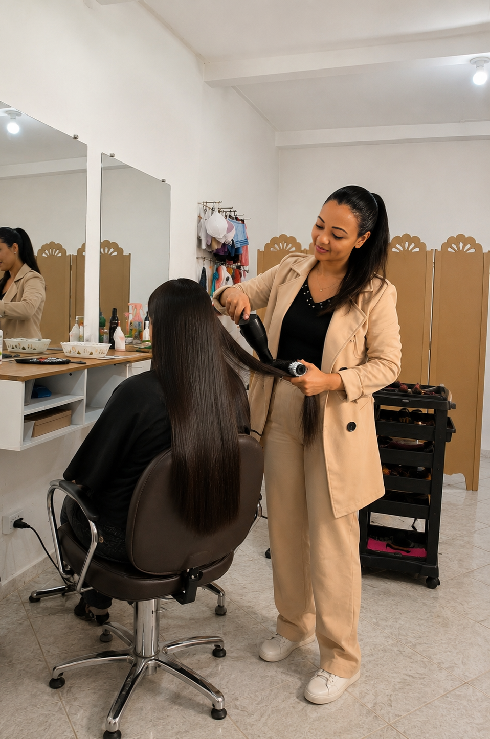 Laís Miranda trabalhando no salão, cuidando de uma cliente com cabelo liso e saudável